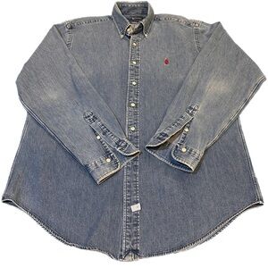 Vintage Ralph Lauren Mens L Blake Denim Shirt Blue with Red Pony